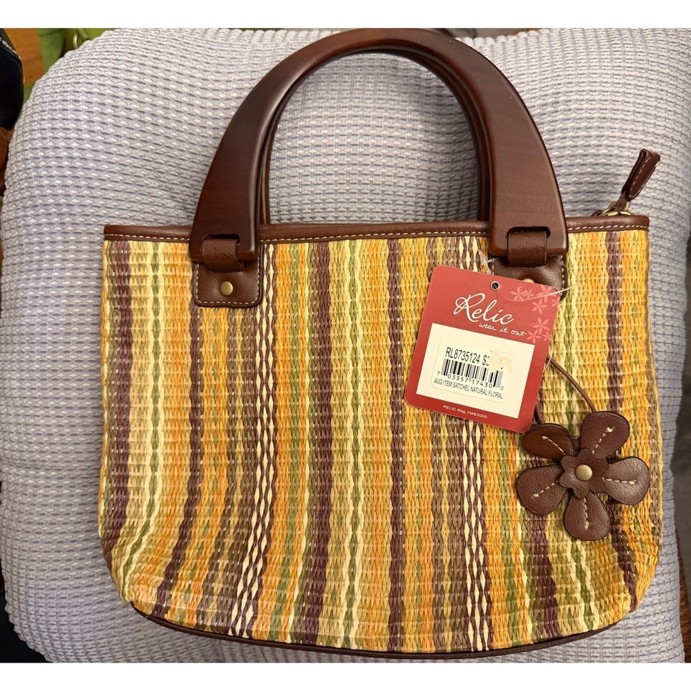 Relic National Floral Satchel/Top Handle Basket Bag -Woven straw - Faux Leather